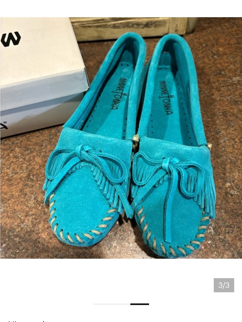 Minnetonka Turquoise Suede Fringe Moccasins